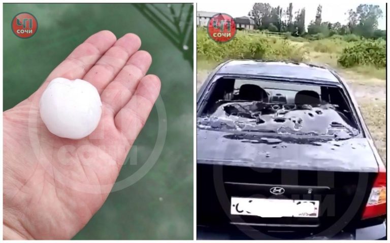 В Сочи крупный град побил десятки машин и крыши домов